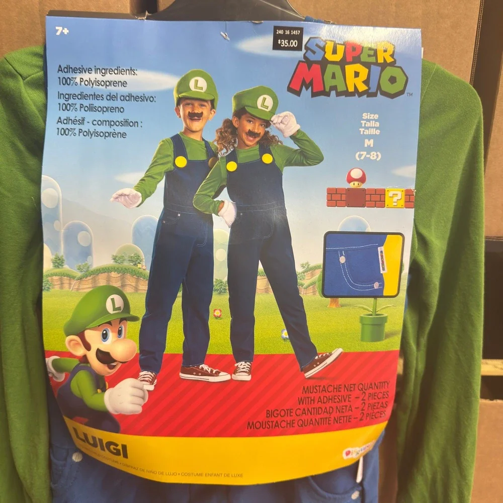Super Mario Luigi Deluxe Kids Costume Size Medium 7-8‎ Green Blue Jumpsuit Hat